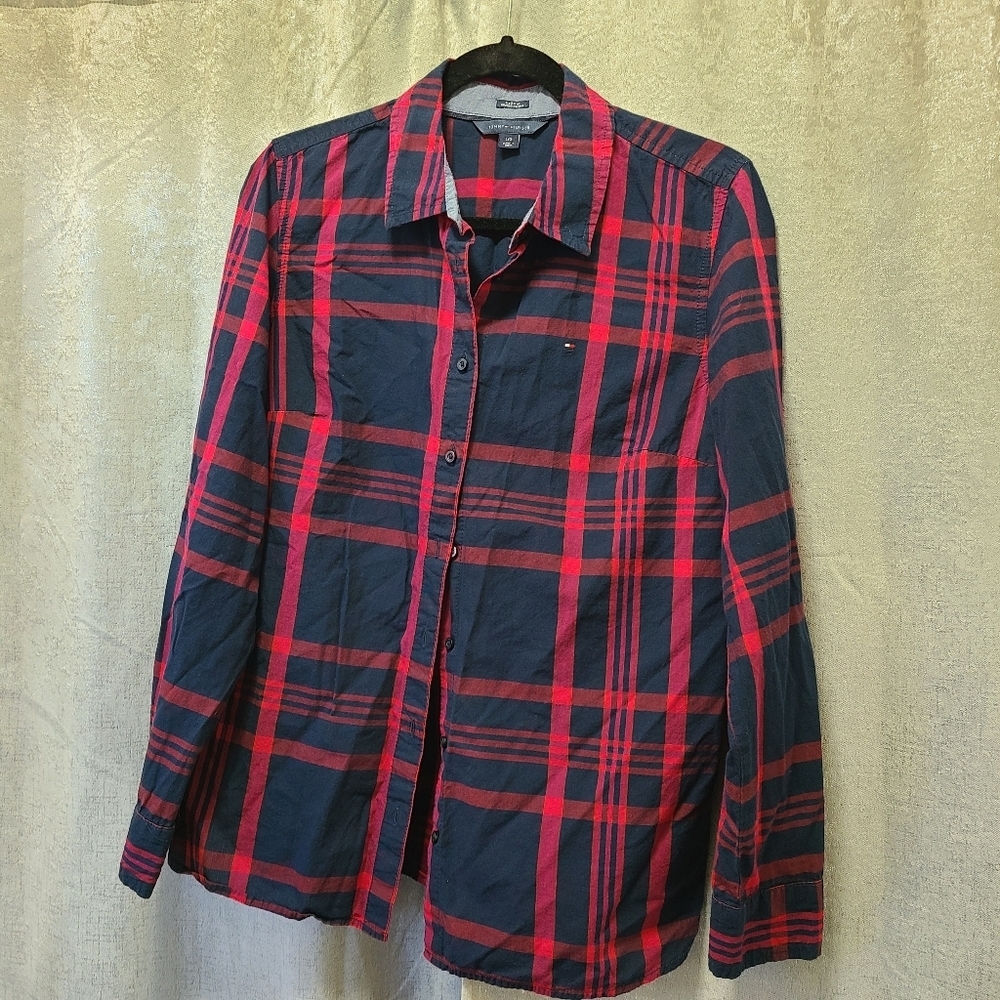 Tommy‎ Hilfiger plaid lightweight button up shirt top ladies size large